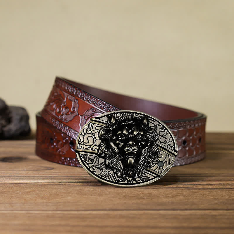 Men's DIY Lion Insignia Hidden Folding Knife Leather Belt