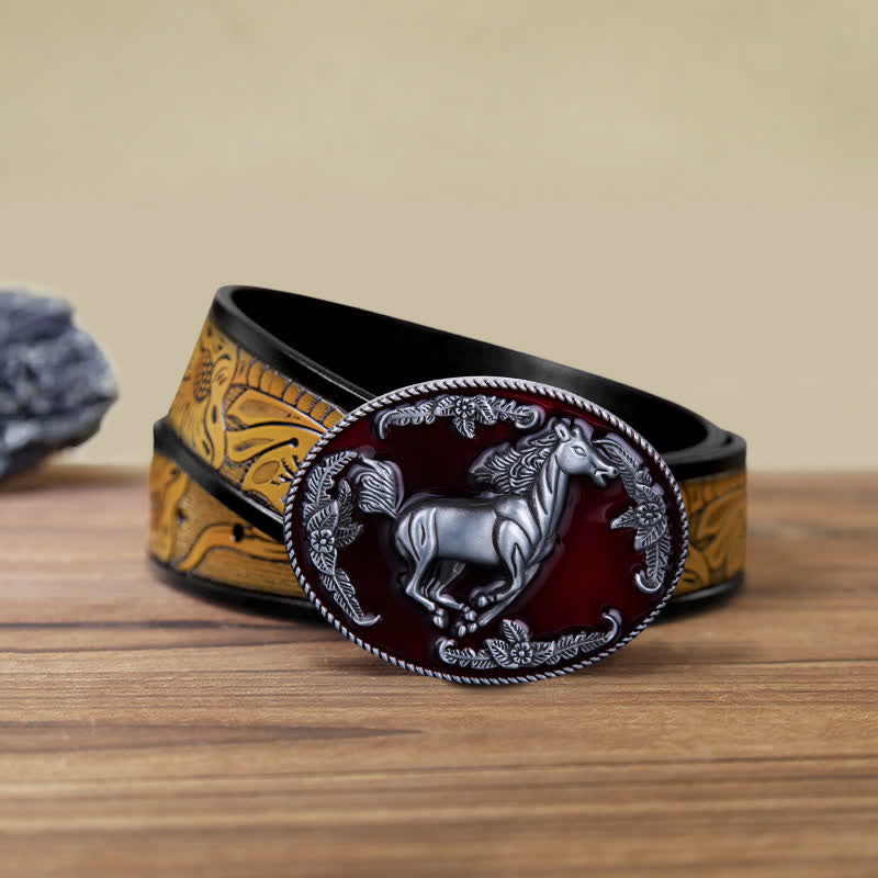 Men's DIY Red Enamel Running Horse Buckle Leather Belt