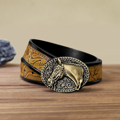 Men's DIY Engraved Horse Head Buckle Leather Belt