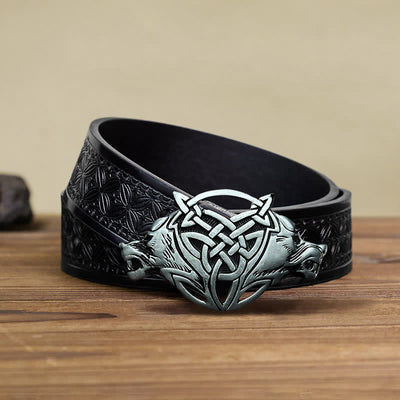 Men's DIY Wolf Head Celtic Knot Buckle Leather Belt