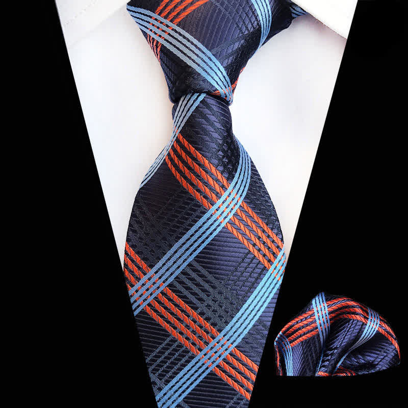 2Pcs Orange & Blue Men's Plaid Cravat Necktie Set