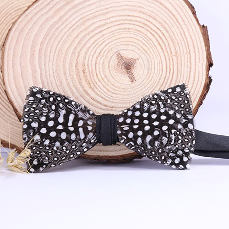 Black & White Polka Dotted Feather Bow Tie with Lapel Pin