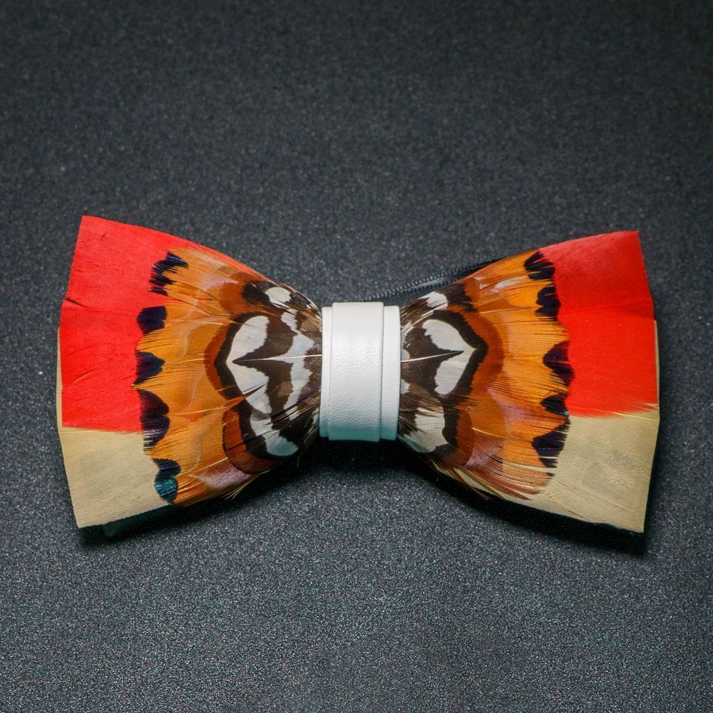 Orange & White Lively Feather Bow Tie with Lapel Pin