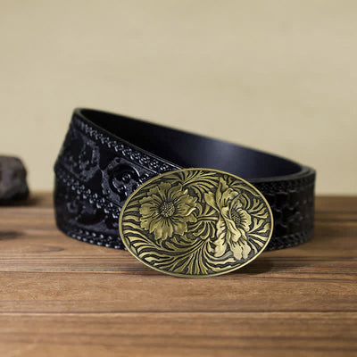 Men's DIY Oval Western Floral Buckle Leather Belt