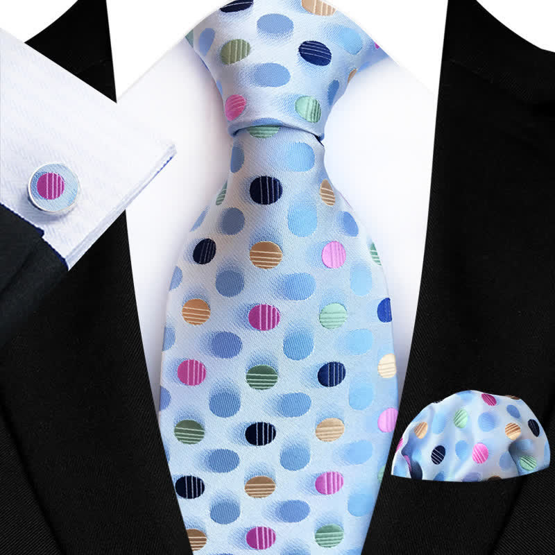 3Pcs Men's Light Blue Colorful Dots Necktie Set
