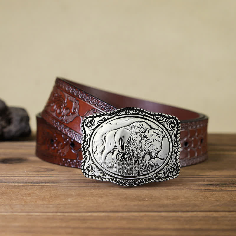 Men's DIY Silver Engraved Buffalo Buckle Leather Belt