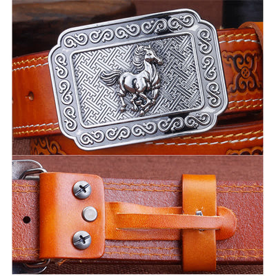 Men's Ethnic Cowboy Silver Horse Leather Belt