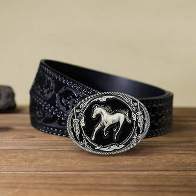 Men's DIY Silver Black Running Horse Buckle Leather Belt