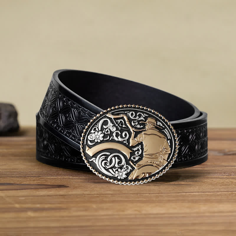 Men's DIY Cowboy Blowing The Horn Buckle Leather Belt