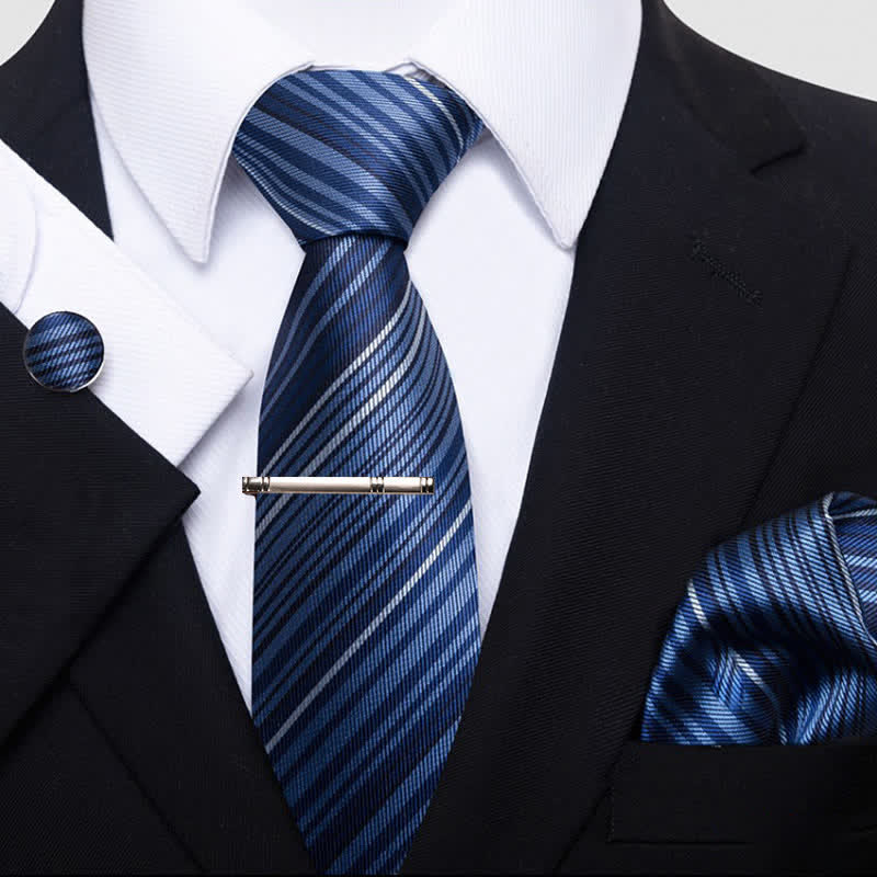 4Pcs DarkBlue Men's Formal Striped Necktie Set