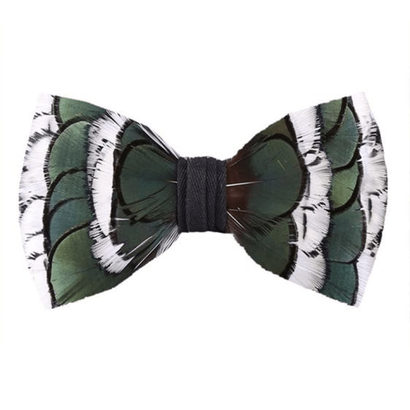 DarkGreen & White Layered Feather Bow Tie with Lapel Pin