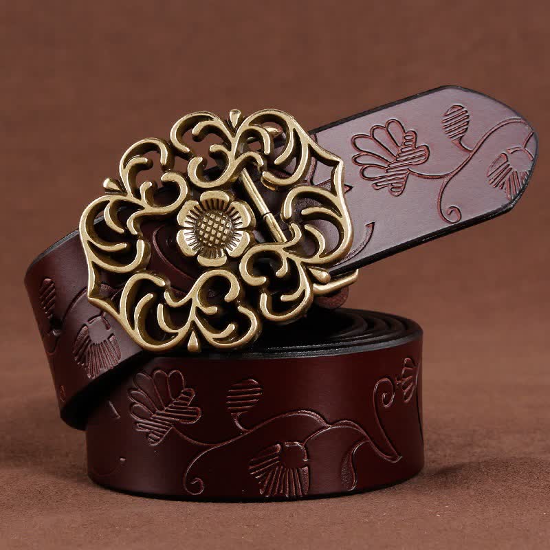 Women's Vintage Flower Hollow Buckle Embossed Leather Belt