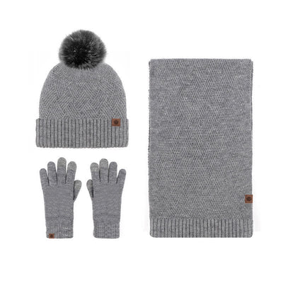 3Pcs Women's Pompom Woven Hat Scarf Touchscreen Gloves Set