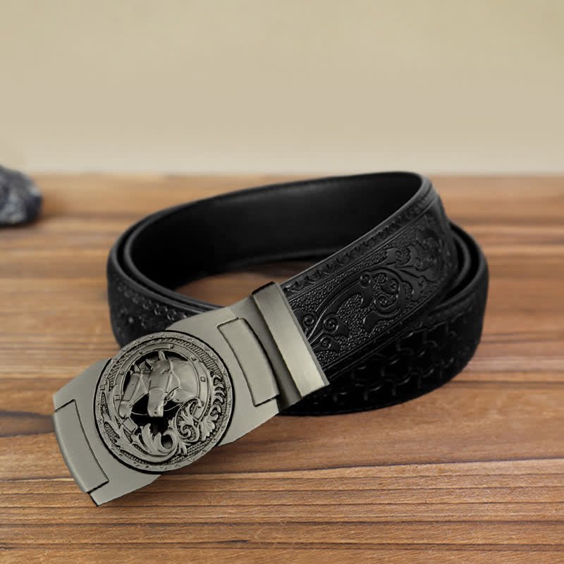 Men's DIY Gray Horse Head Automatic Buckle Leather Belt