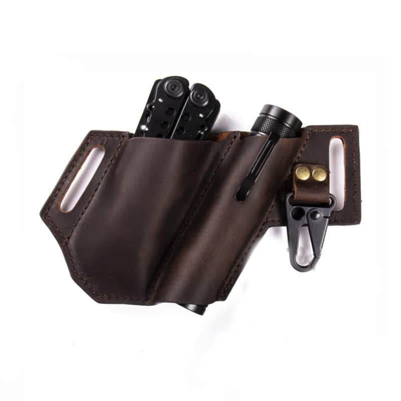 Tactical EDC Sheath Multitool Flashlight Leather Belt Bag