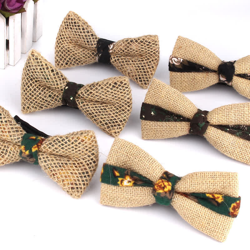 Men's Rustic Cotton Linen Patchwork Bow Tie
