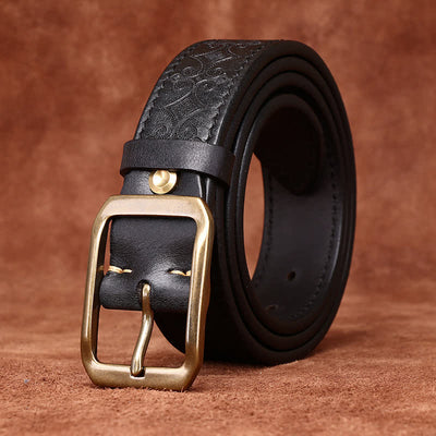 Men's Carving Strap Luxury Brass Buckle Leather Belt