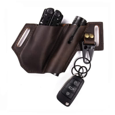 Tactical EDC Sheath Multitool Flashlight Leather Belt Bag