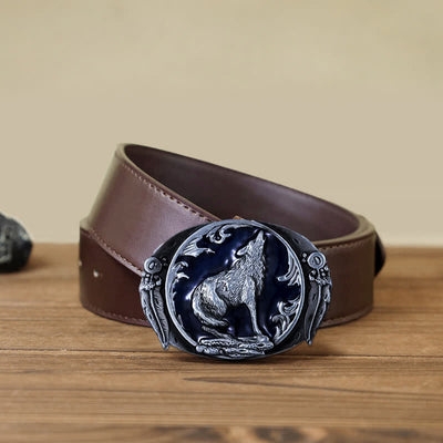 Men's DIY Enamel Domineering Howling Wolf Buckle Leather Belt