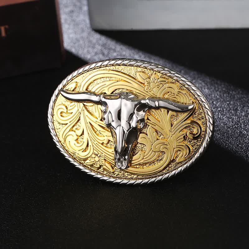 Men's DIY Shining Golden Bull Head Buckle Leather Belt