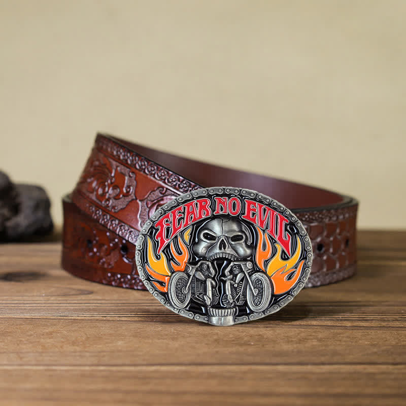 Men's DIY Fear No Evil Skull Motorcycle Buckle Leather Belt