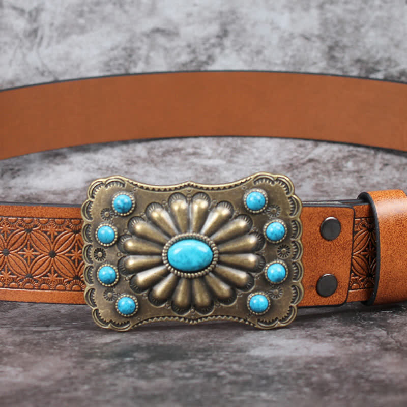 Men's Western Turquoise Stone Embellishment Leather Belt