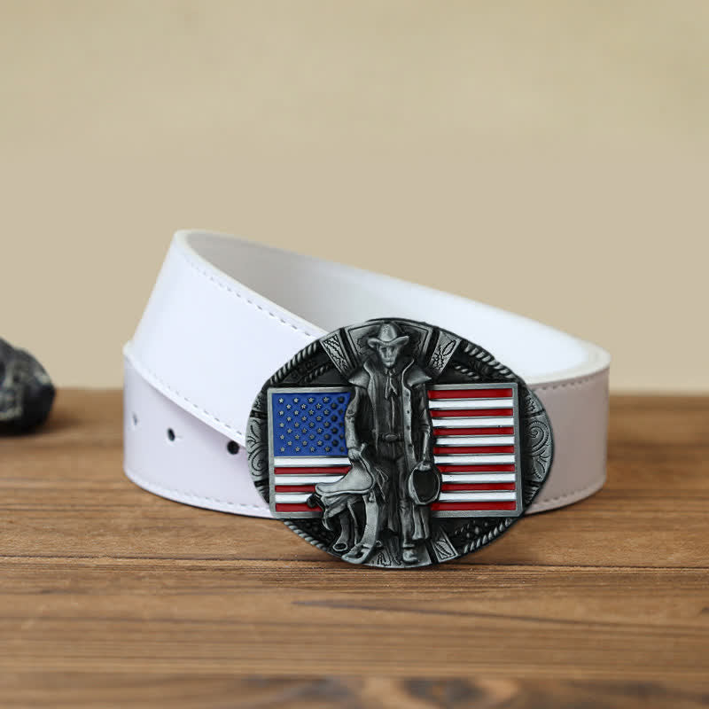 Men's DIY American Flag Cowboy Buckle Leather Belt