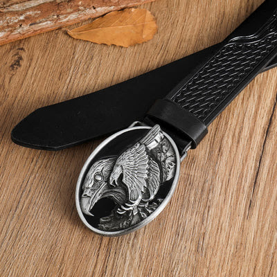 Men's Carved Bald Hawk Eagle Buckle Leather Belt