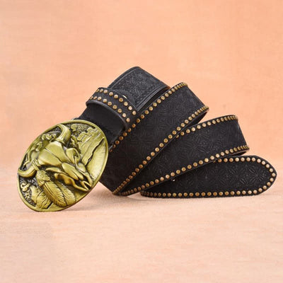 Men's Bull Head Buckle Rivet Decor Leather Belt