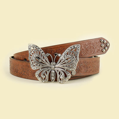 Women's Rose Embossed Rhinestone Butterfly Leather Belt