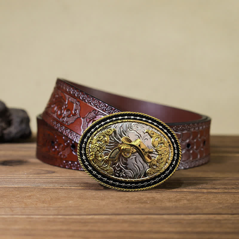 Men's DIY Western Cowboy Golden Oval Buckle Leather Belt