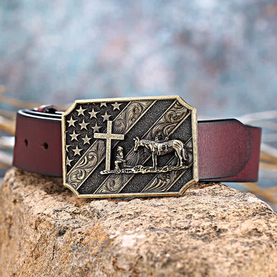 Men's DIY American Flag Cross Prayer Horse Buckle Leather Belt