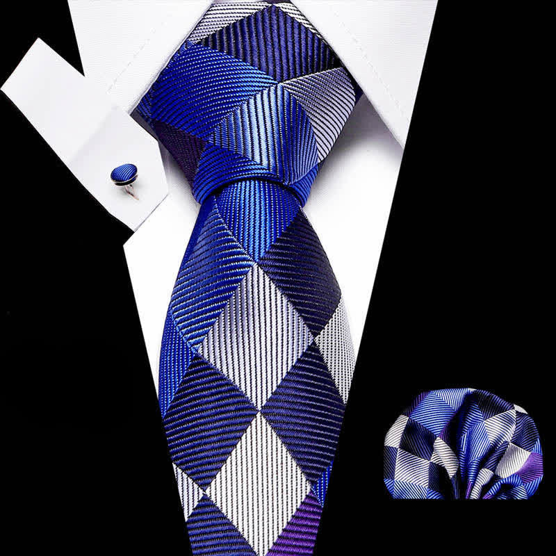 3Pcs Men's Modern Blue & Gray Checkerboard Necktie Set