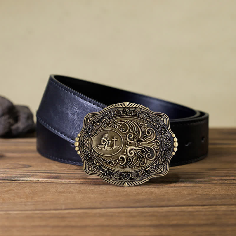 Men's DIY Engraved Floral Earnest Prayer Buckle Leather Belt