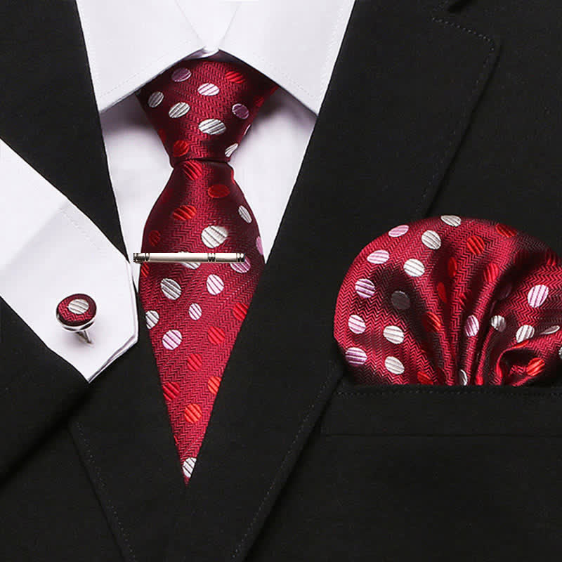 4Pcs Red & White Men's Passion Polka Dots Necktie Set