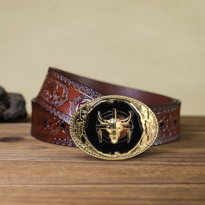 Men's DIY Gold Black Bull Head Buckle Leather Belt