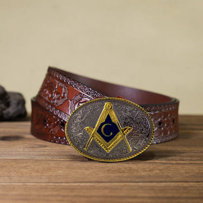 Men's DIY C-Shaped Masonic Oval Buckle Leather Belt