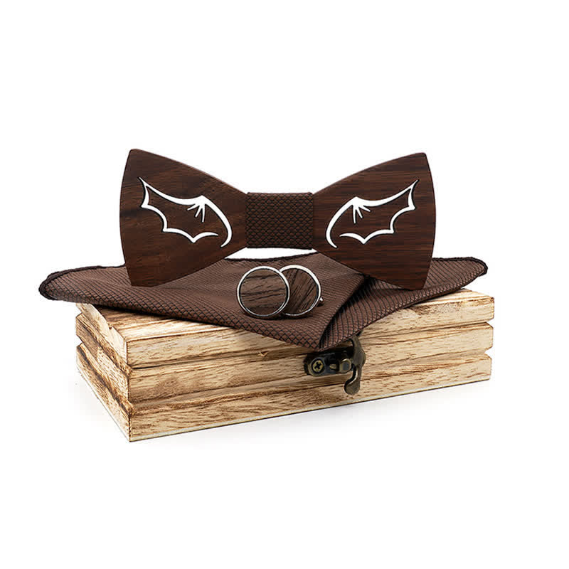 3Pcs Men's Demon Wings Wooden Bow Tie Set