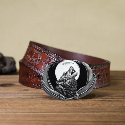 Men's DIY Howling Wolf Moon Oval Buckle Leather Belt