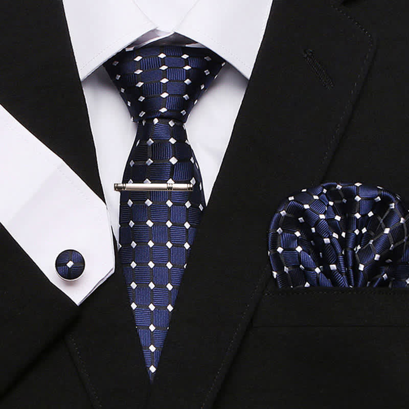 4Pcs Navy Men's Chic Dots Plaid Necktie Set