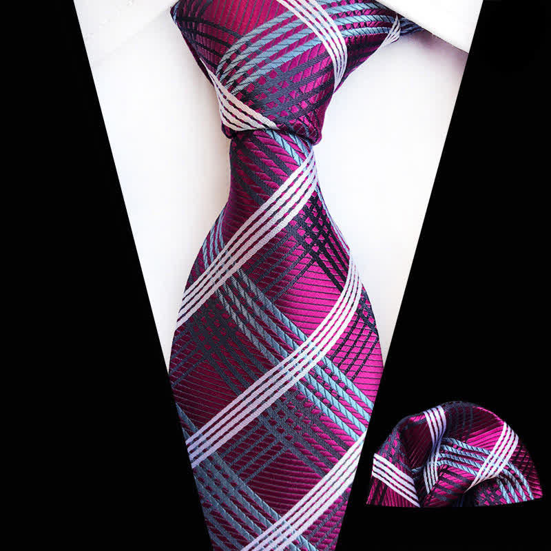 2Pcs Purple Men's Aristocratic Plaid Cravat Necktie Set