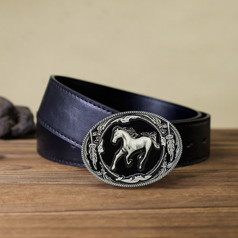 Men's DIY Silver Black Running Horse Buckle Leather Belt