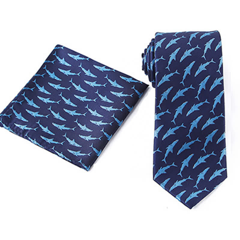 2Pcs Men's Swimming Shark Navy Blue Necktie Set