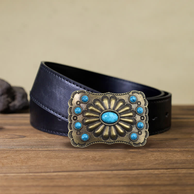 Men's DIY Western Turquoise Stone Rectangle Buckle Leather Belt