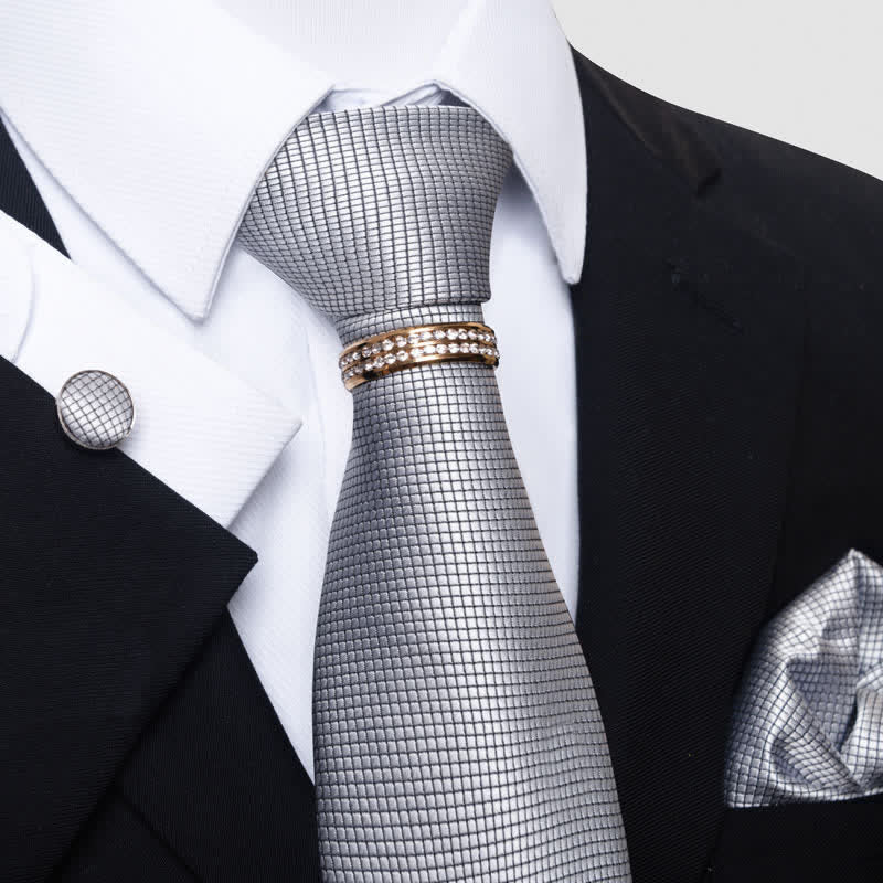 4Pcs Men's Micro-checked Necktie Set With Tie Ring