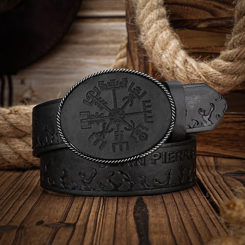 Men's Viking Compass Embossed Pattern Leather Belt