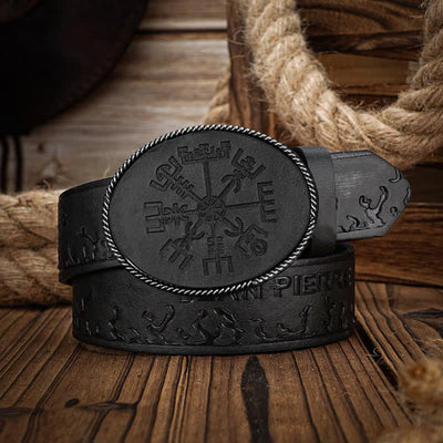 Men's Viking Compass Embossed Pattern Leather Belt