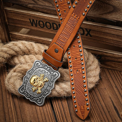 Men's Punk Skull Buckle Rivet Studded Leather Belt