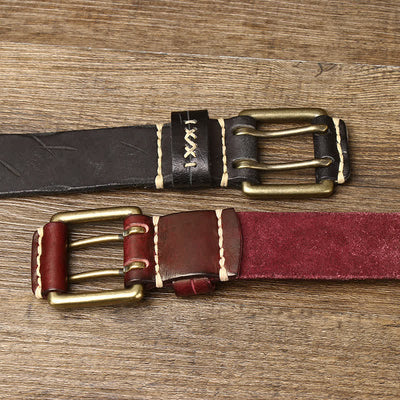 Men's Distressed Double Needle Buckle Leather Belt