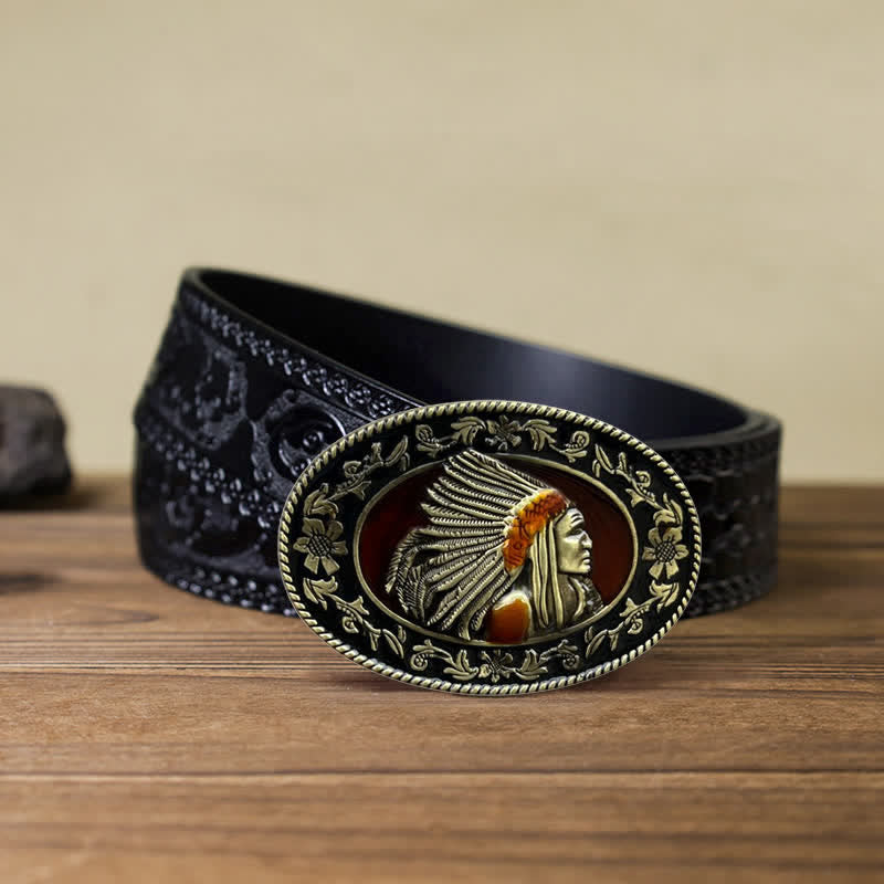 Men's DIY Indian Chief Tribal Buckle Leather Belt